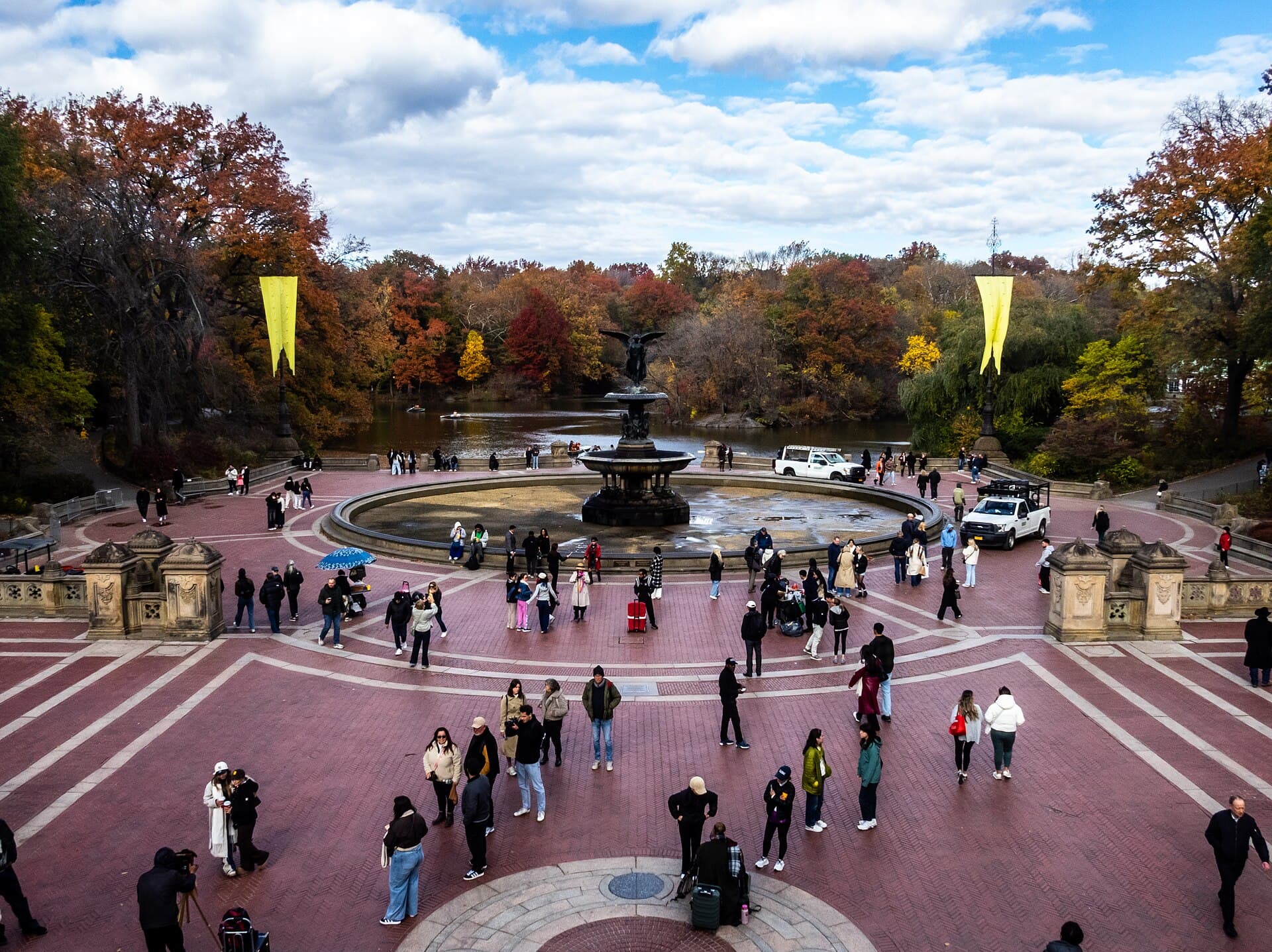 Bethesda Terrace and Fountain surrounded by autumn trees in Central Park
