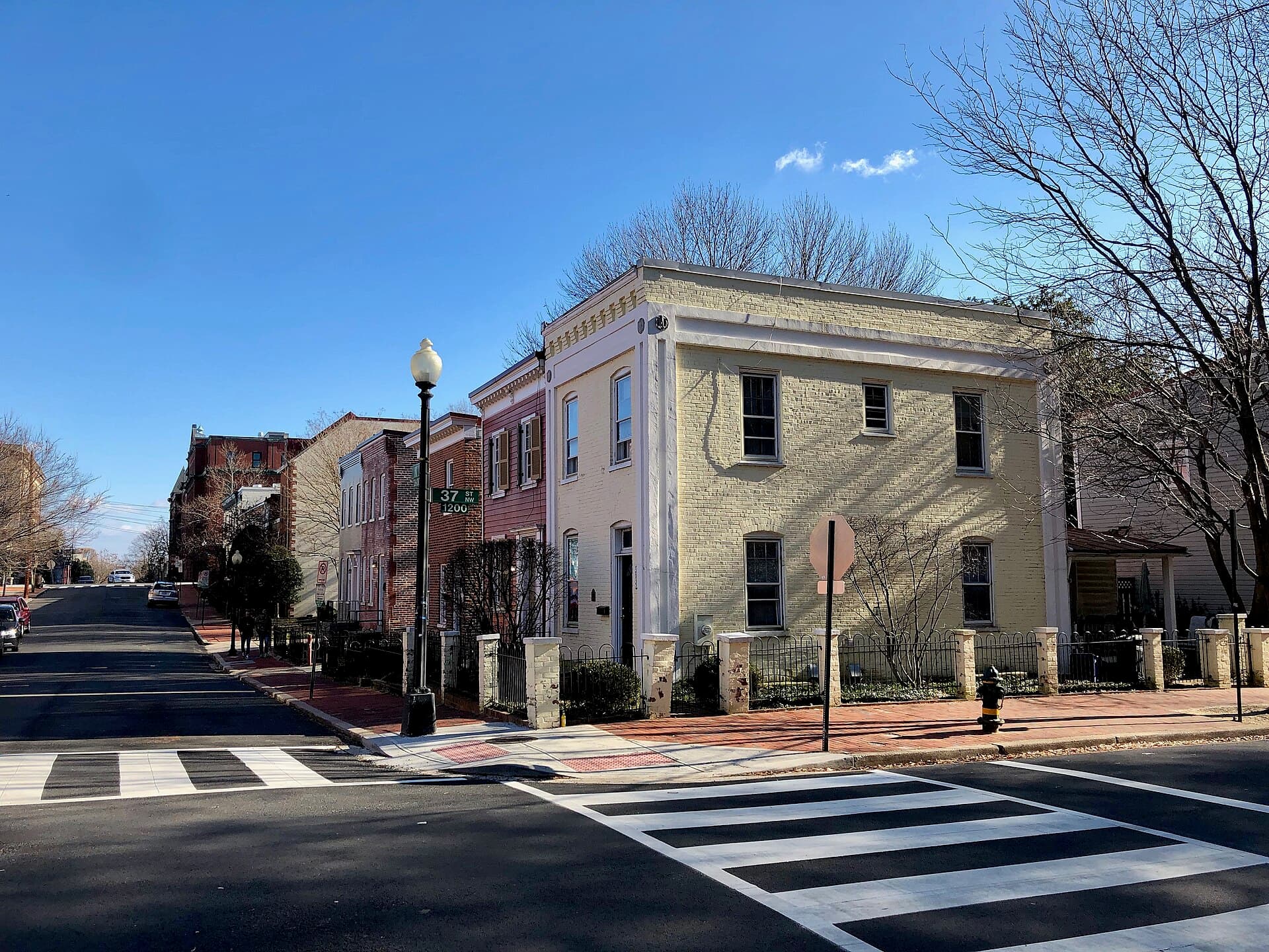 Historic brick row houses along N Street in Georgetown, Washington